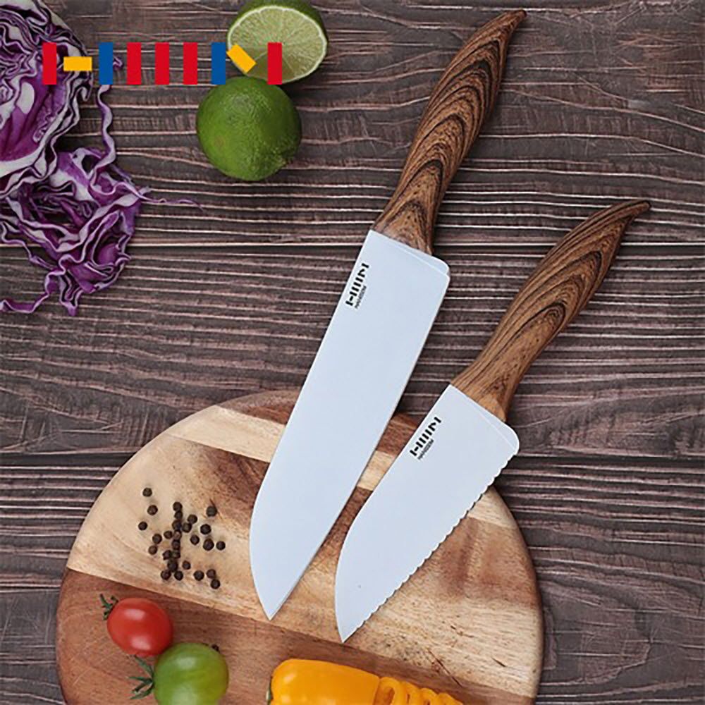 HANSSEM Ceramic-Coated Candlewood Kitchen Knife 2-piece Set – 8" Chef Knife & 6" Serrated Knife, Non-Stick Blades, Ergonomic Handle, Professional Kitchen Knives _ Made in KOREA